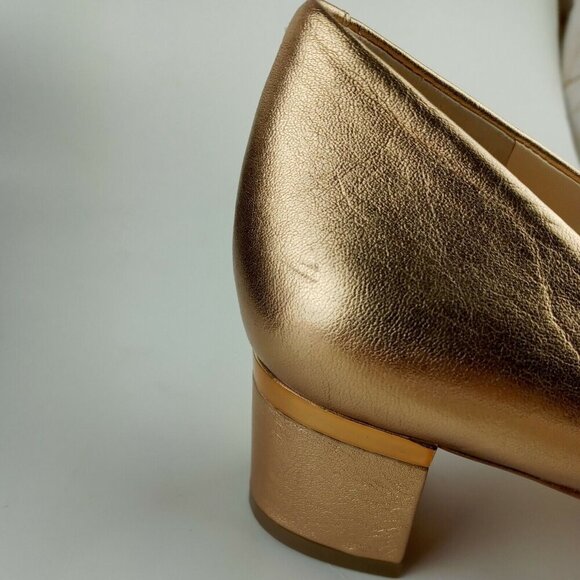 Vince Camuto Signature 7M Gold Metallic Open Toe Block Heel Shoes Lamb Leather - Picture 9 of 12